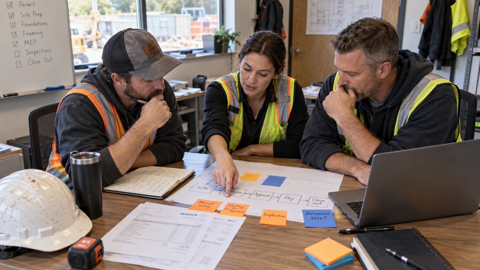 A construction team compares an invoice, field records, and a workflow sketch to choose an automation priority.