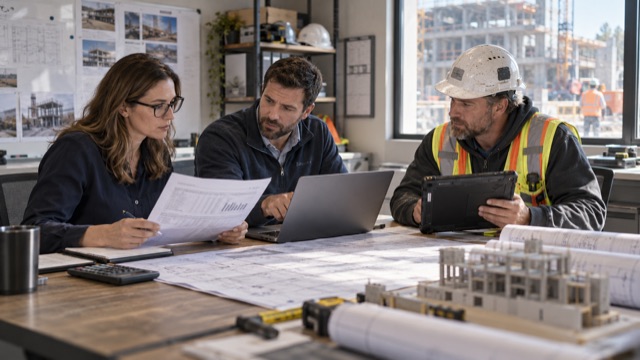 A controller, project manager, and superintendent compare cost records, a laptop, and field notes around one table.