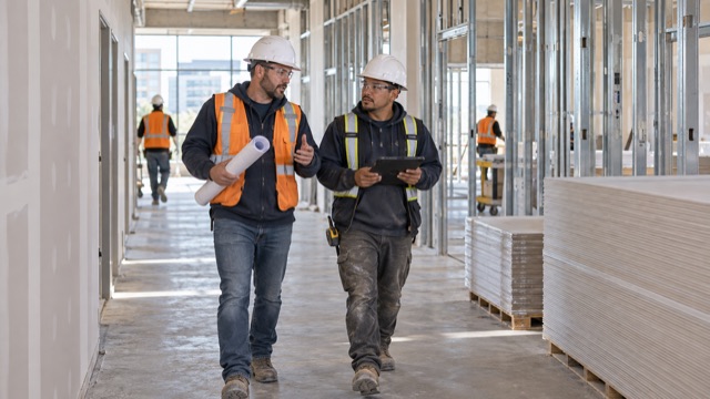 A drywall foreman and crew lead review work areas beside metal framing and staged wallboard.
