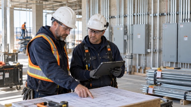 Electrical foremen review installation plans beside organized conduit and closed electrical equipment.