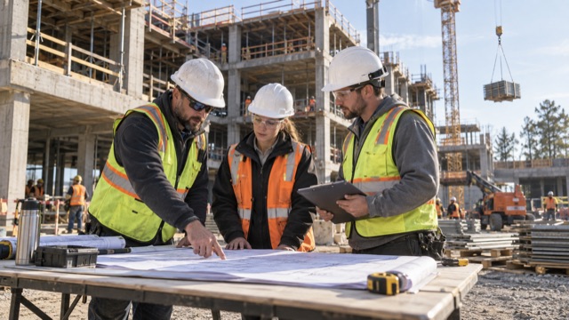 A general contractor’s superintendent and project team coordinate plans at a commercial construction site.