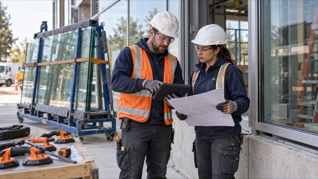 Glazing specialists check field measurements and plans beside a secured glass panel rack.