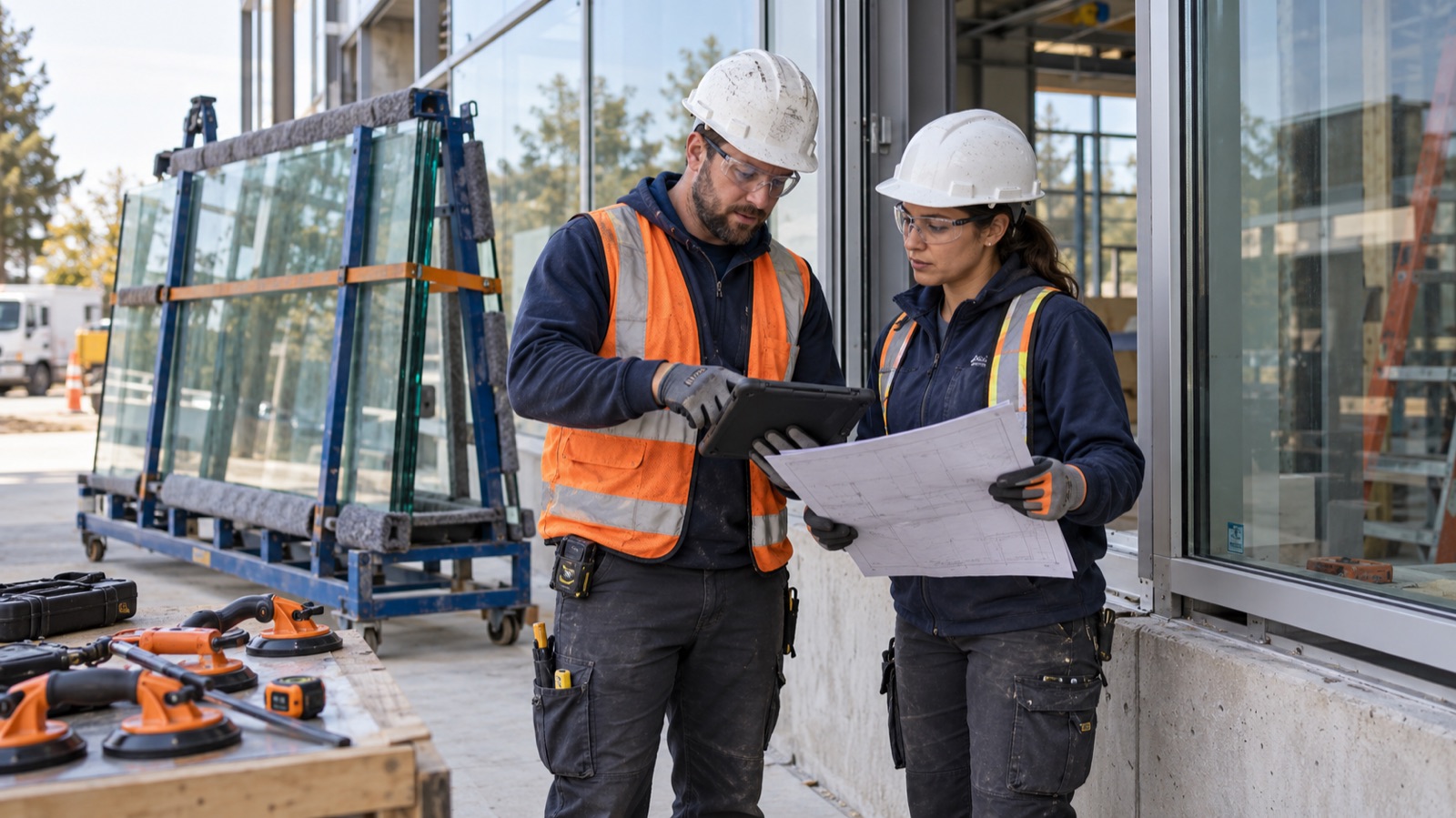 Glazing specialists check field measurements and plans beside a secured glass panel rack.