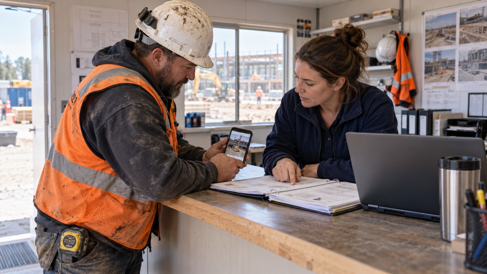 A foreman shares a jobsite photo with an office coordinator beside paper job records and a laptop.