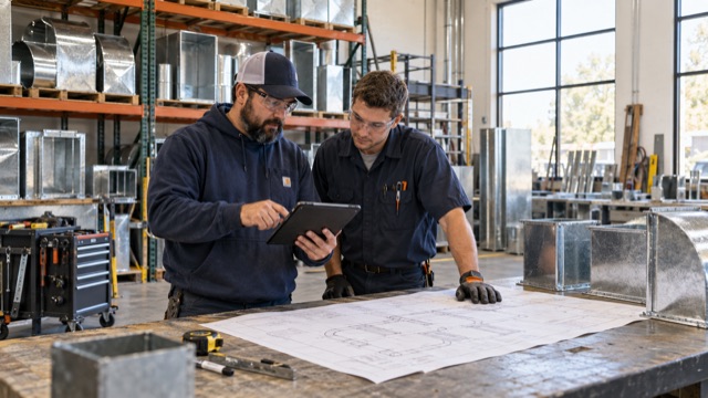 An HVAC team reviews fabrication and installation plans beside sheet-metal ductwork in a workshop.