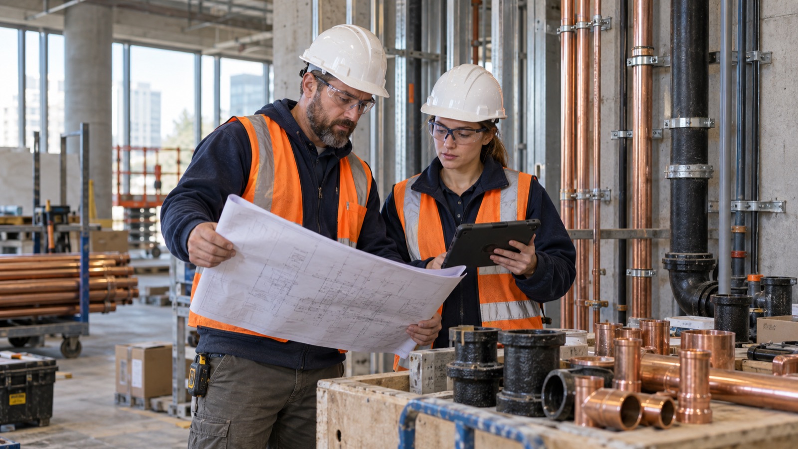 A plumbing crew leader and coordinator review rough-in plans beside organized pipe assemblies.