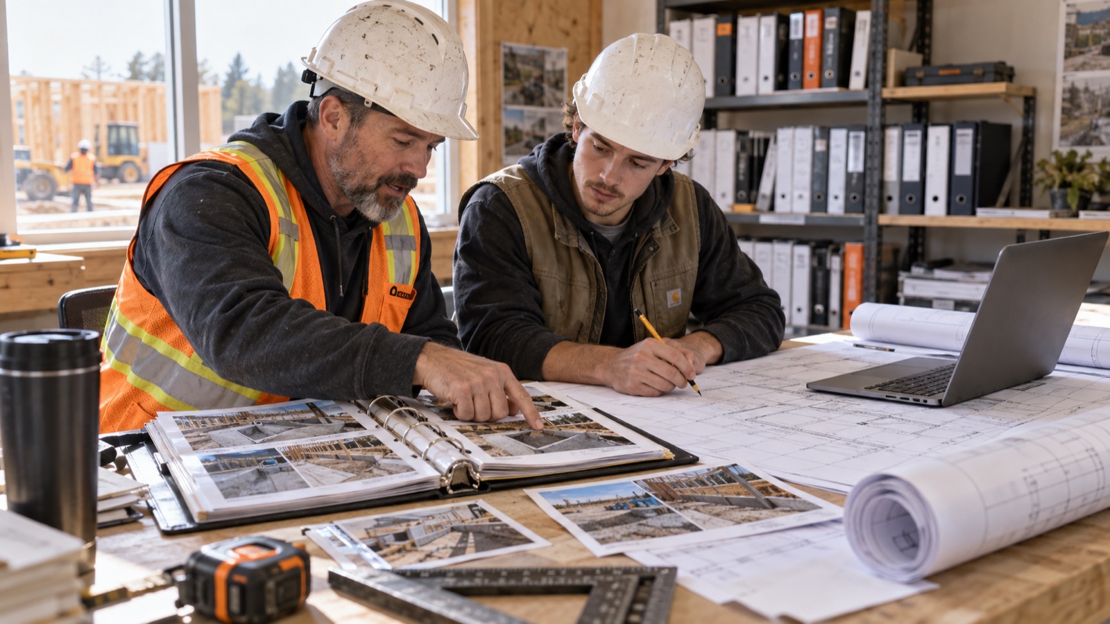 An experienced superintendent and an estimator compare completed-job records with drawings for the next project.